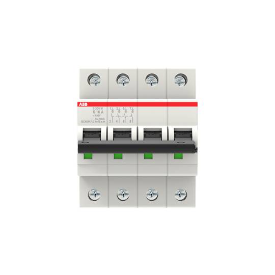 ABB kismegszakító billenőkapcsolókkal és piros jelölésekkel, alkalmas áramköri védelem céljára, mutatja a kapcsolók állapotát.