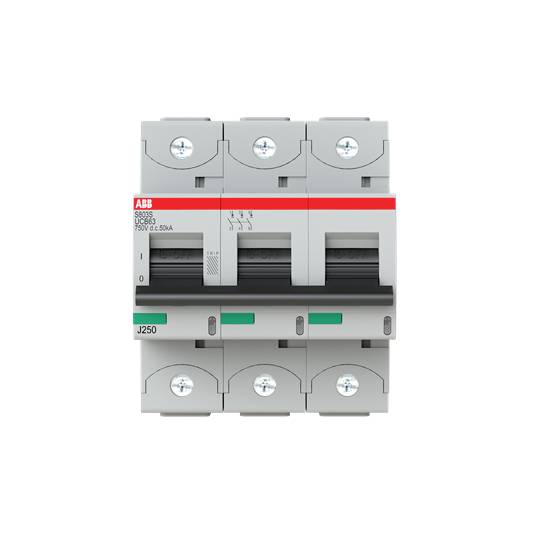 ABB S650 típusú, hárompólusú megszakító, billenőkapcsolóval és feliratokkal ellátva. Elektromos biztonsági vezérlésre használatos.