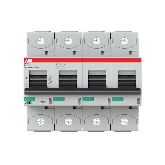 Egy négypólusú védelmi kapcsoló piros és zöld jelölésekkel, ABB S804S típusszámú, 240-415V feszültségre, 50kA névleges zárlati megszakítási képességgel.