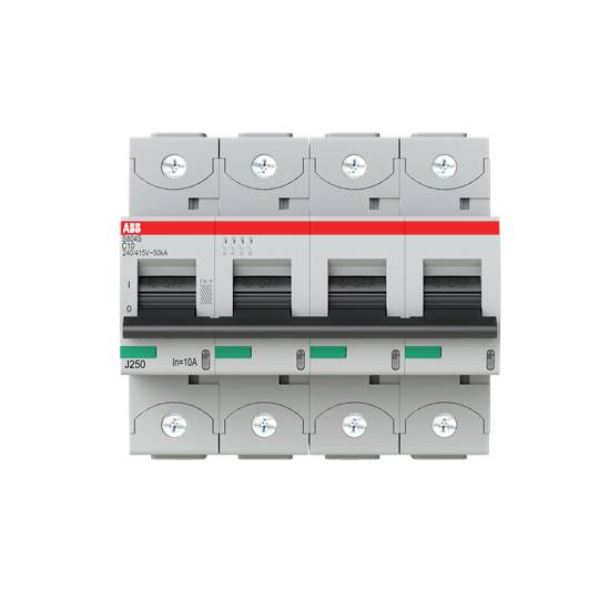 Egy négypólusú ABB típusú teljesítménymegszakító szürke házban, piros részletekkel, elektromos biztonsági rendszerekhez alkalmas.