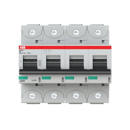ABB S204S típusú megszakító 4 kapcsolómodullal, modellmegnevezés és műszaki specifikációk az előlapon.