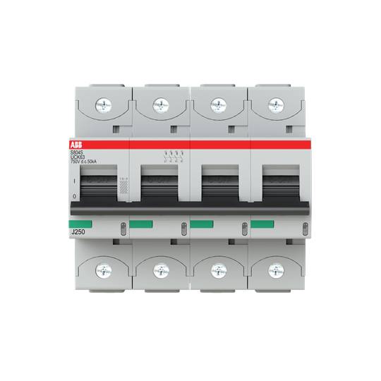 ABB négypólusú védőkapcsoló, S804S típus, 690V névleges feszültséggel és 250A névleges áramerősséggel. Ipari alkalmazásokra alkalmas.