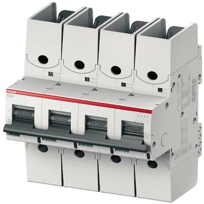 Négypólusú teljesítménymegszakító szürke karokkal és piros jelöléssel, elektromos rendszerek vezérlésére és védelmére alkalmas.