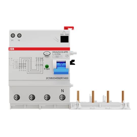 ABB DDA204 B APR hibaáram-védőkapcsoló mutatja a kapcsolódobozt teszt gombbal és diagrammal, 500mA védelmet biztosít.