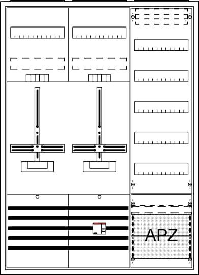 Elektromos kapcsolótábla két billenőkapcsolóval, több biztosítékkal és lent jobbra az 'APZ' felirattal.