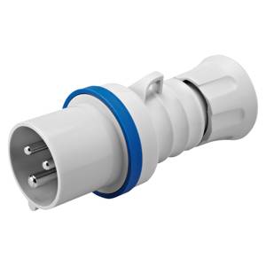 Három érintkezős, fehér dugalj kék tömítéssel elektromos csatlakozásokhoz, ipari csatlakozórendszerekben alkalmazva.