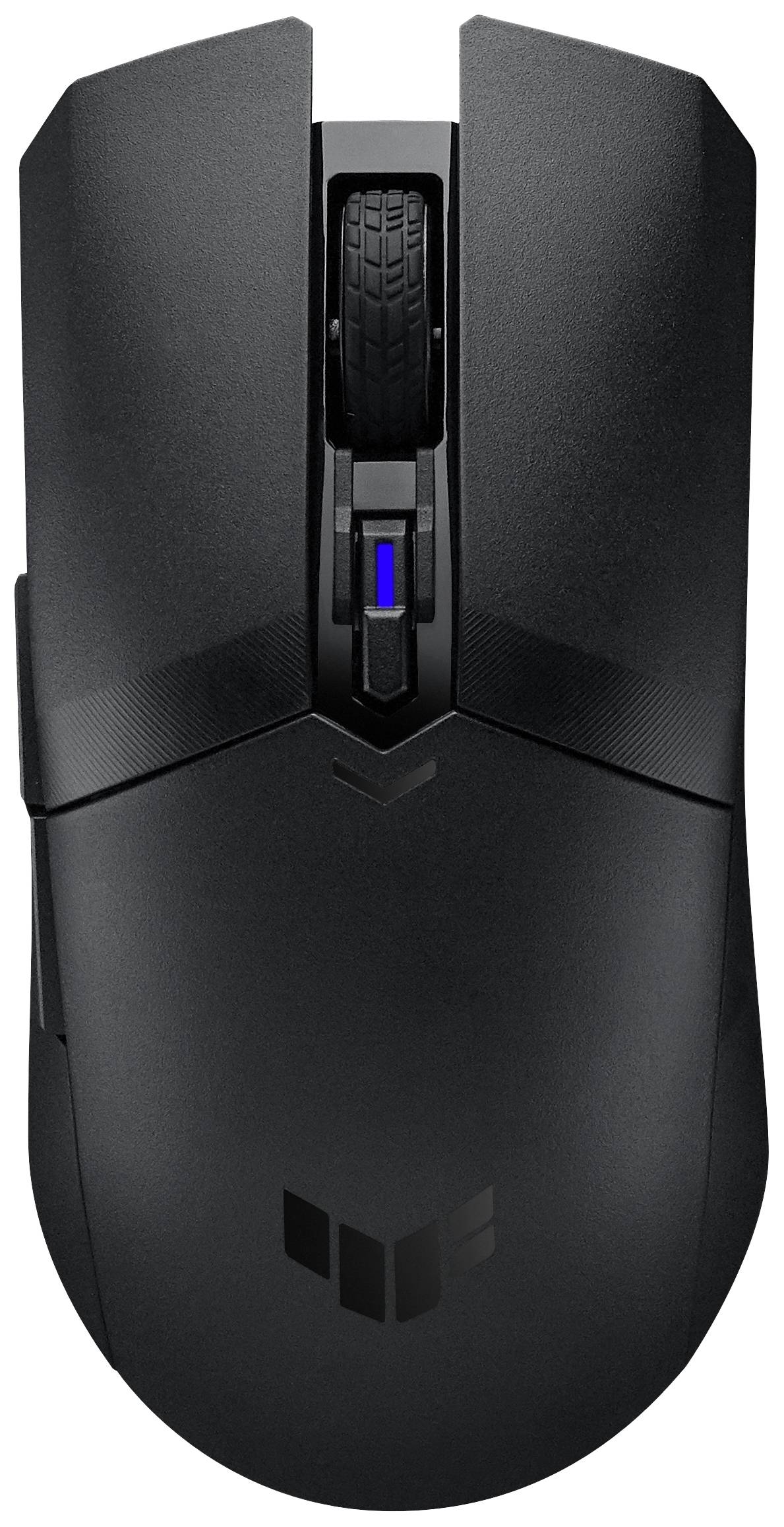 Fekete, vezeték nélküli számítógépes egér kék megvilágítású görgetősávval, modern dizájnnal és szimbólummal az alsó felületén.