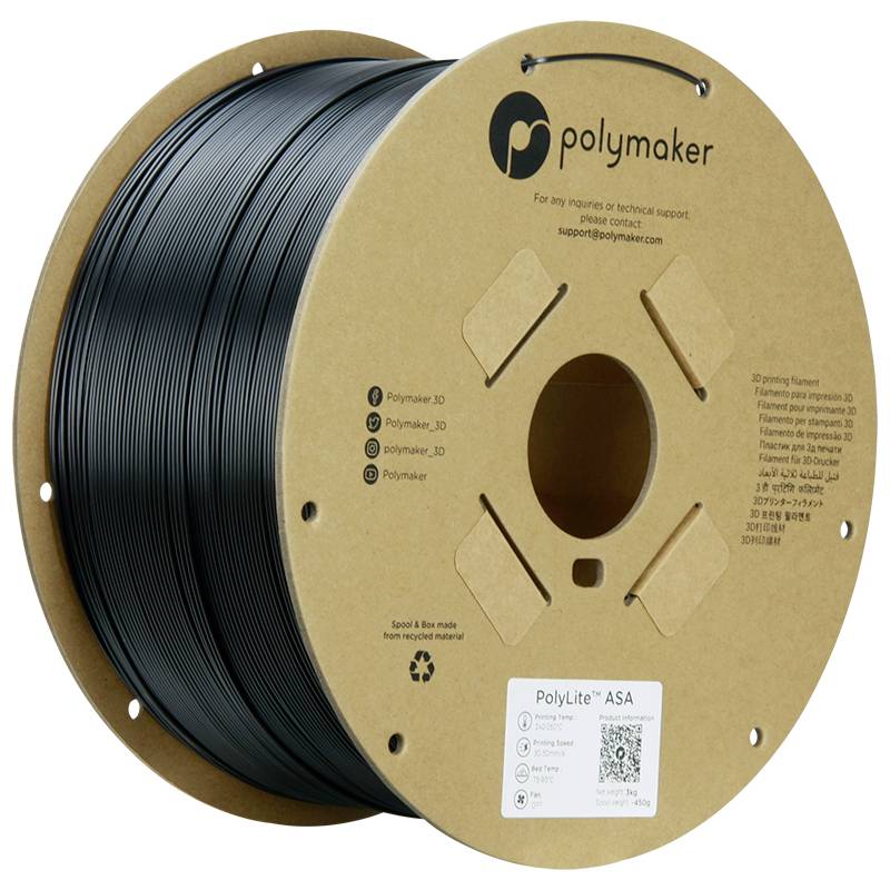 Egy Polymaker fekete 3D-nyomtatószál, PolyLite ASA modell. A csomagoláson elérhetőségi adatok és QR-kód szerepel.