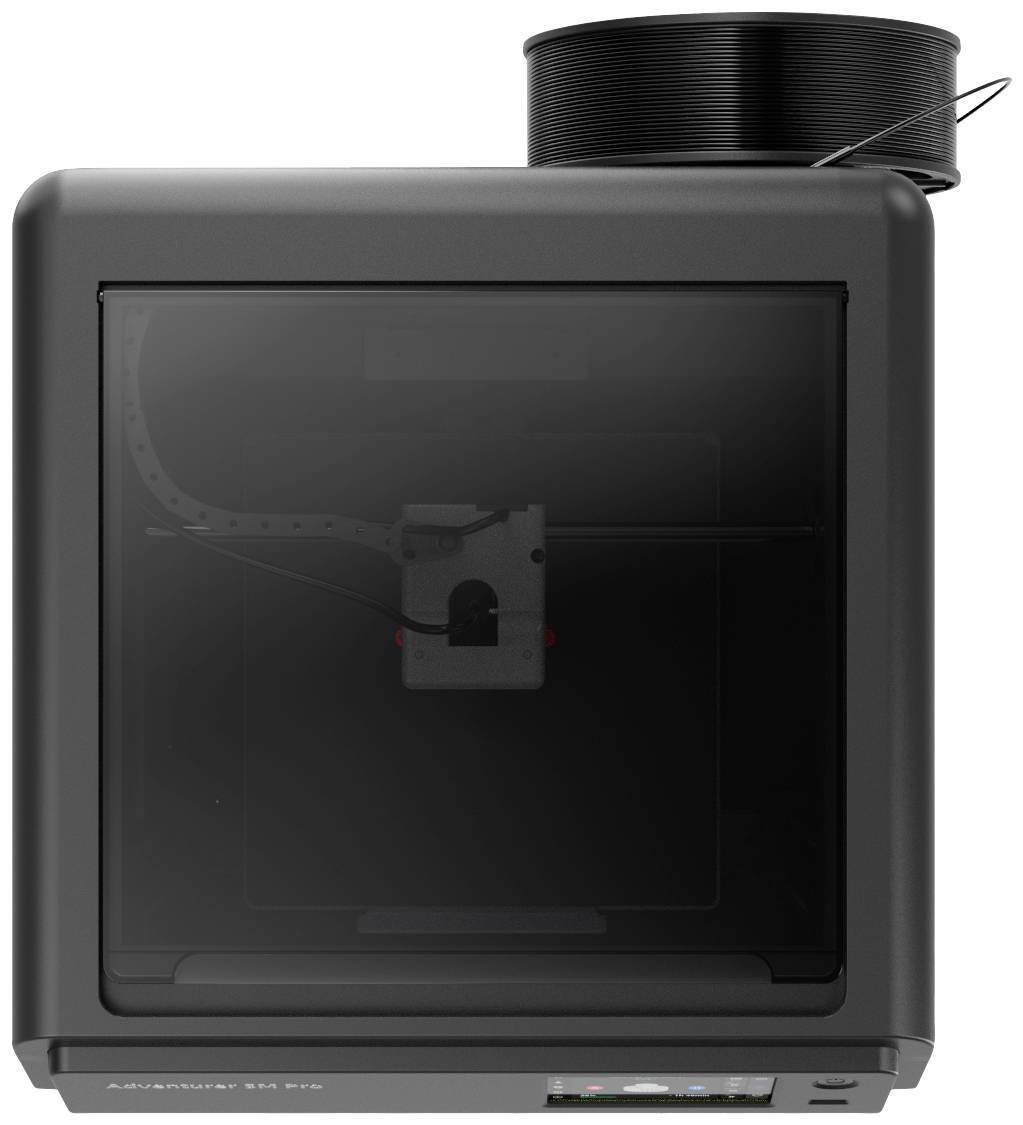 Egy modern 3D-nyomtató fekete házban, amelynek tetején egy tekercs filament található. A nyomtató modellek precíz elkészítésére lett tervezve.