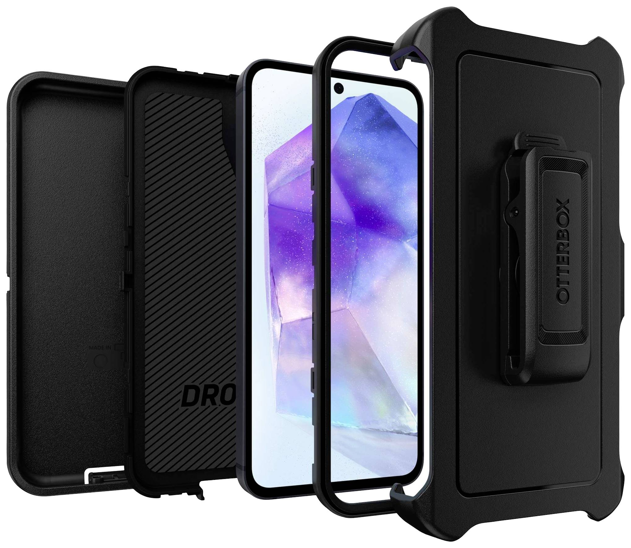 Egy mobiltelefon egy erős OtterBox-tokkal és csattal. A tok védelmet és stabilitást nyújt. Tökéletes mindennapi használatra.