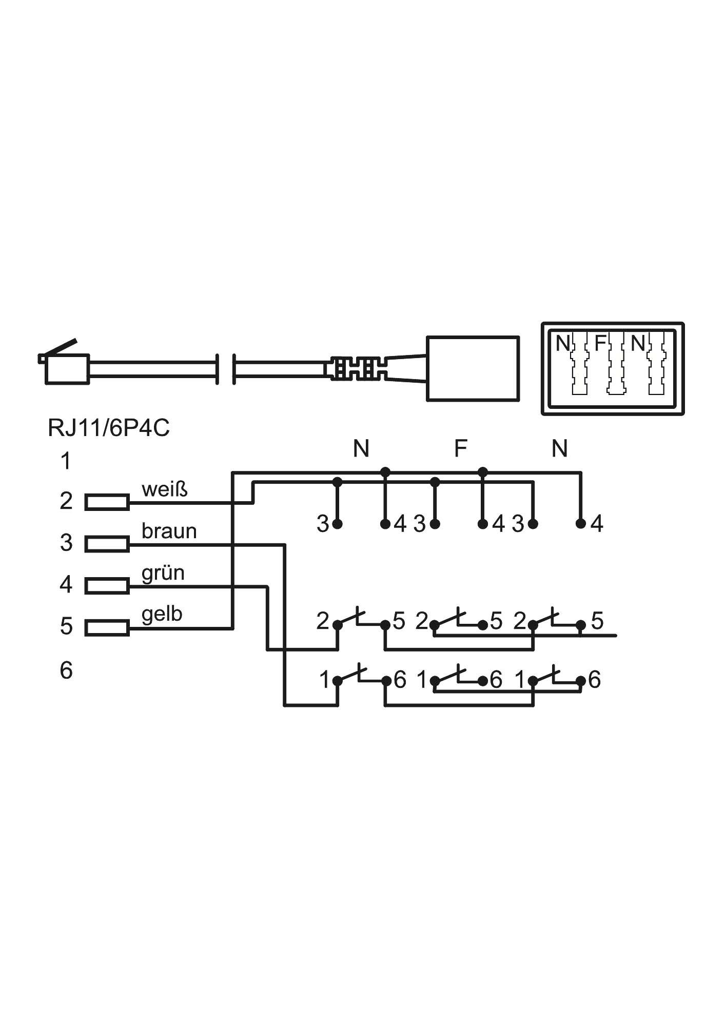 RJ11-csatlakozó kapcsolási rajza a tűkiosztás jelölésével: 1 (fehér), 2 (barna), 3 (zöld), 4 (sárga). Csatlakozási kiosztás bemutatva.