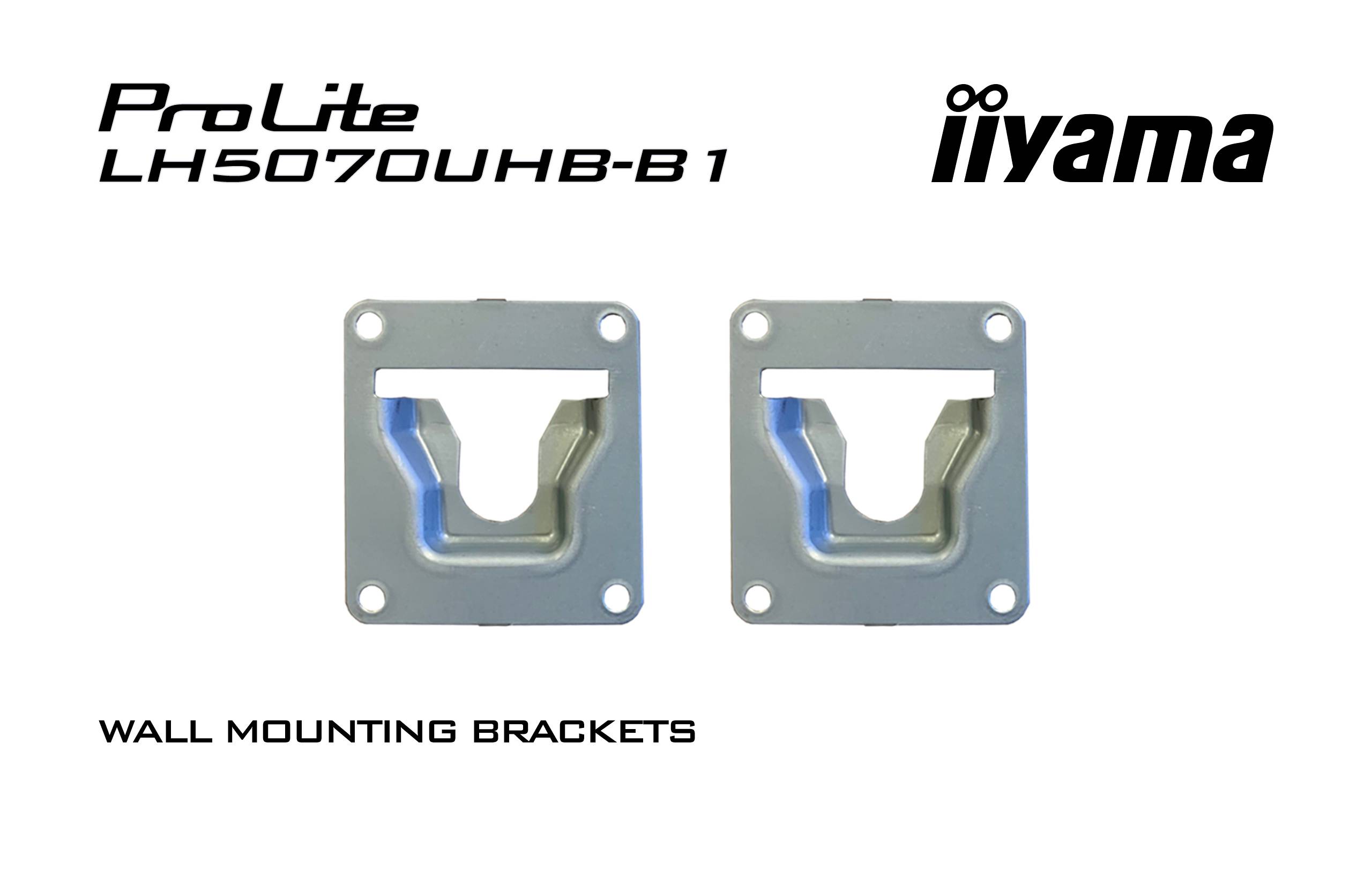 Két ezüstszínű fali tartókonzol a 'ProLite LH5070UHB-B1' modellhez. Jobb felül az iiyama logó. Szöveg: 'FALI TARTÓKONZOLOK'.