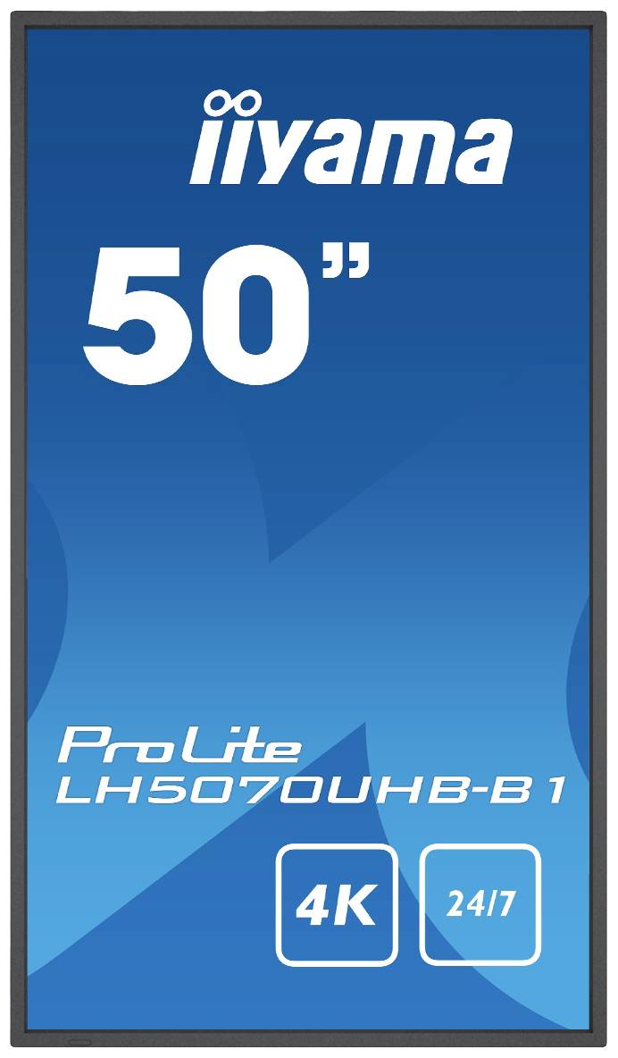 'iiyama 50" ProLite LH5070UHB-B1, 4K, 24/7' kék háttéren.