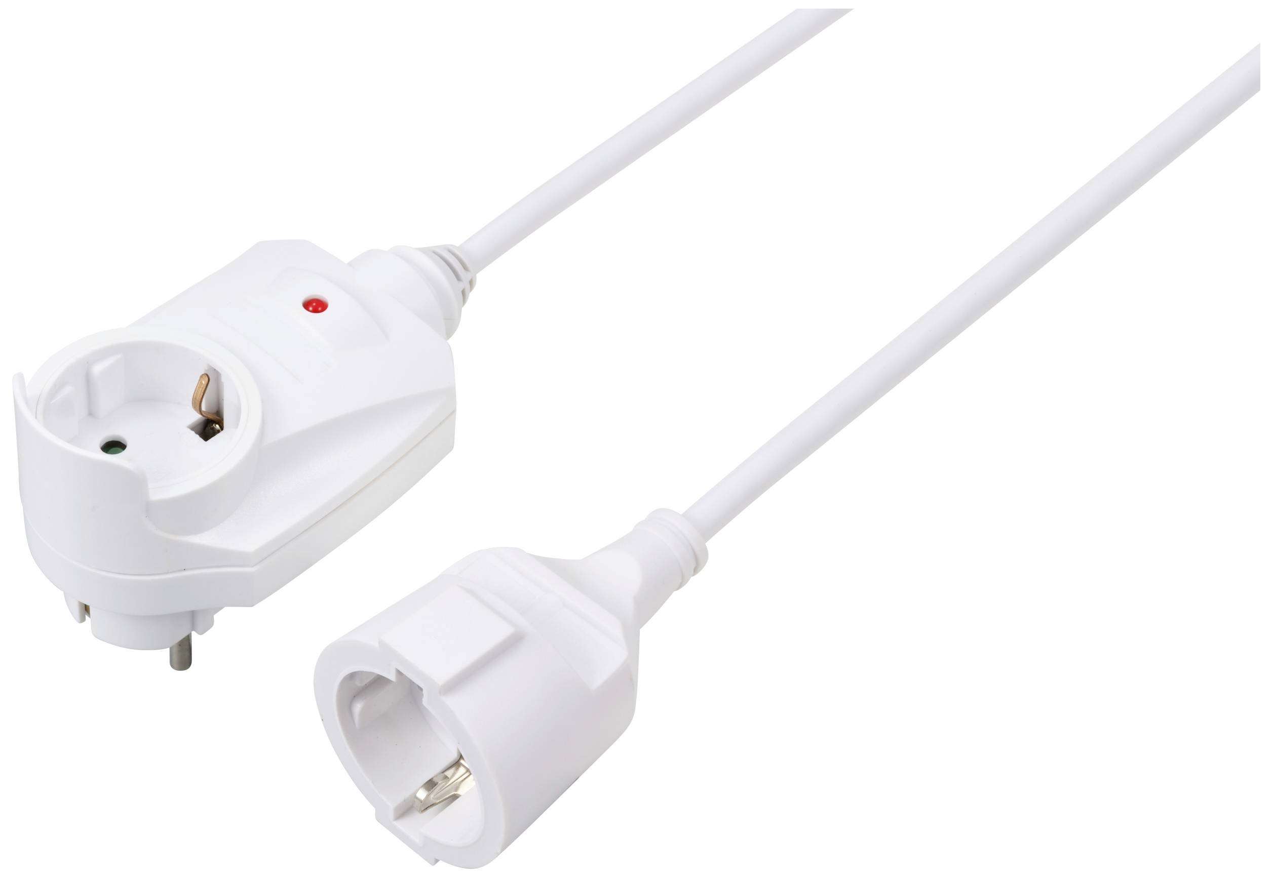 Egy fehér dugóval és aljzattal rendelkező hosszabbító kábel, alkalmas elektromos és háztartási készülékekhez.