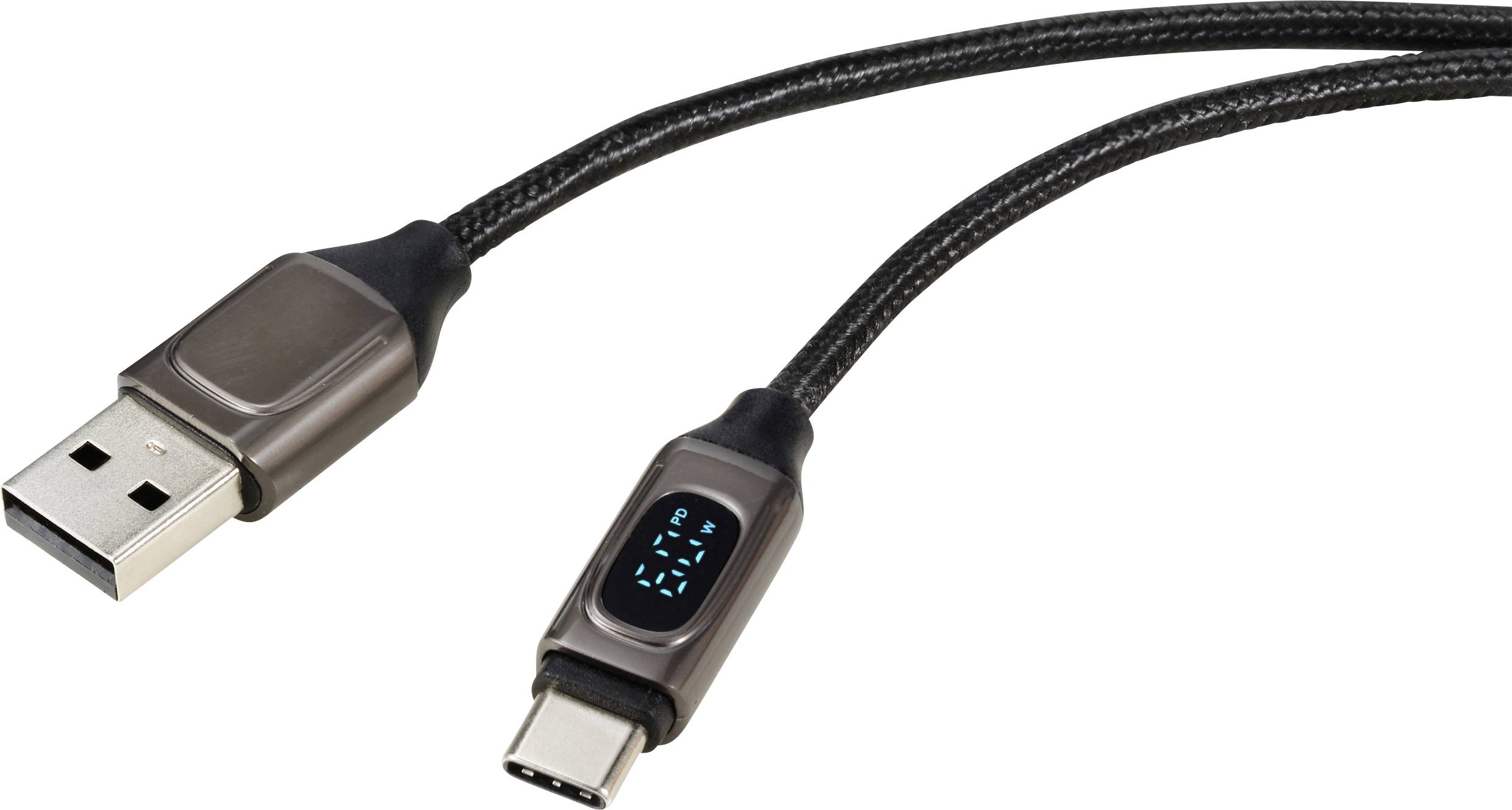 USB-kábel USB-A-csatlakozóval a bal oldalon és USB-C-csatlakozóval a jobb oldalon, mindkettő fekete borítással.