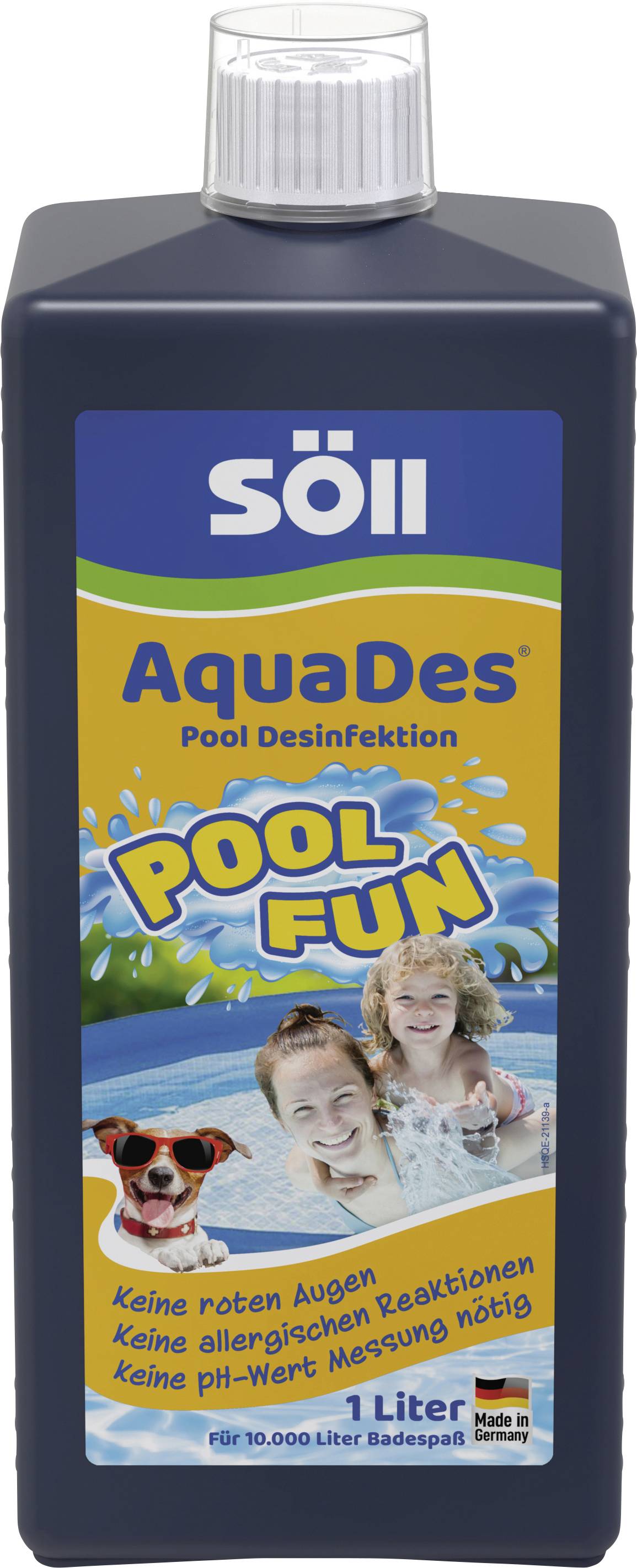 Egy "Söll AquaDes Pool Desinfektion" feliratú palack medencetisztításhoz. Kék dizájn "Pool Fun" grafikával, mosolygó gyerekeket ábrázolva a vízben.
