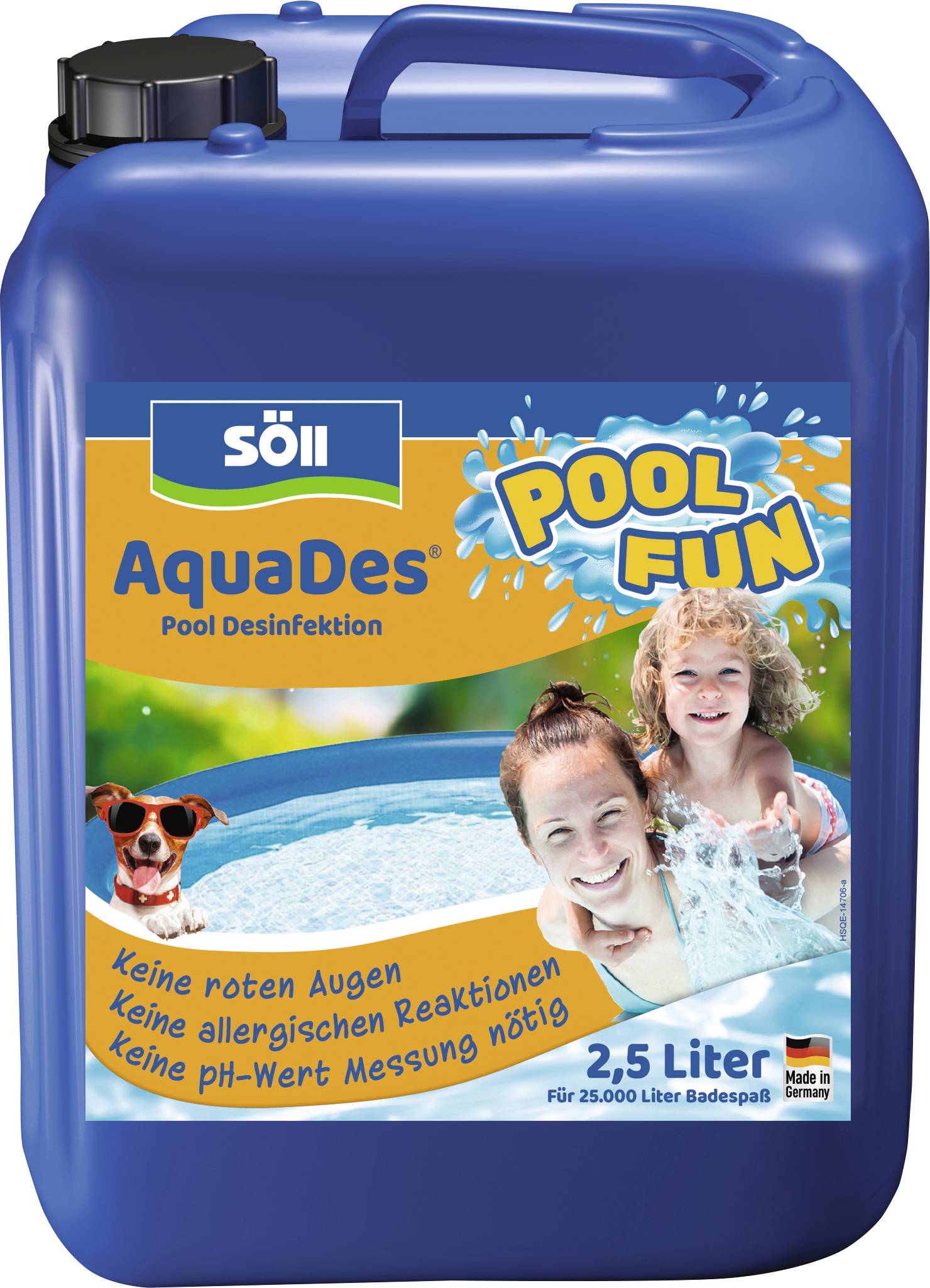 Kék kannister 'Söll AquaDes' medence-fertőtlenítő, 2,5 liter. Úszó családok számára; garantálja, hogy nem okoz vörös szemet, nem vált ki allergiás reakciót, és nem igényel pH-érték mérést.