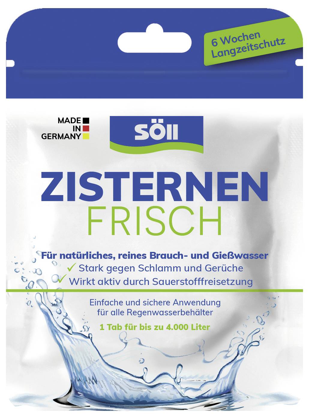 'Zisternen Frisch' vízgyűjtő védőtabletta<br><br>Védje esővíztárolóját hatékonyan!<br><br>Előnyök:<br>- Iszapeltávolítás<br>- Szagmentesítés<br>- Oxigén felszabadítás<br><br>Alkalmazható akár 4.000 literes tartályokhoz.<br><br>Egyszerű és hatékony védelmet nyújt esővíztárolójának.