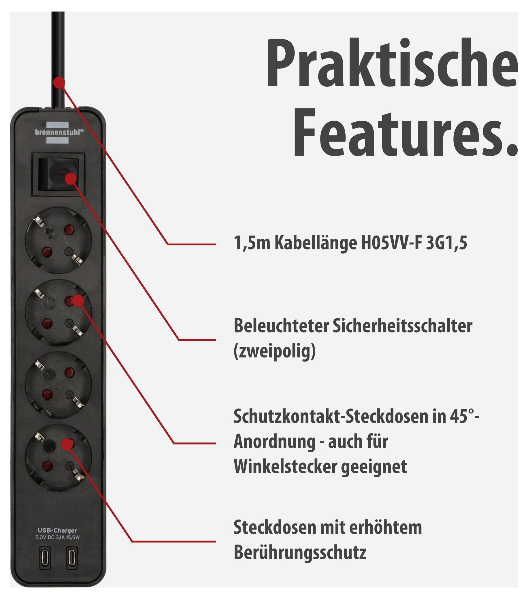 Brennenstuhl 1153240106 Elosztó kapcsolóval Fekete Védőérintkezős 1 db-2