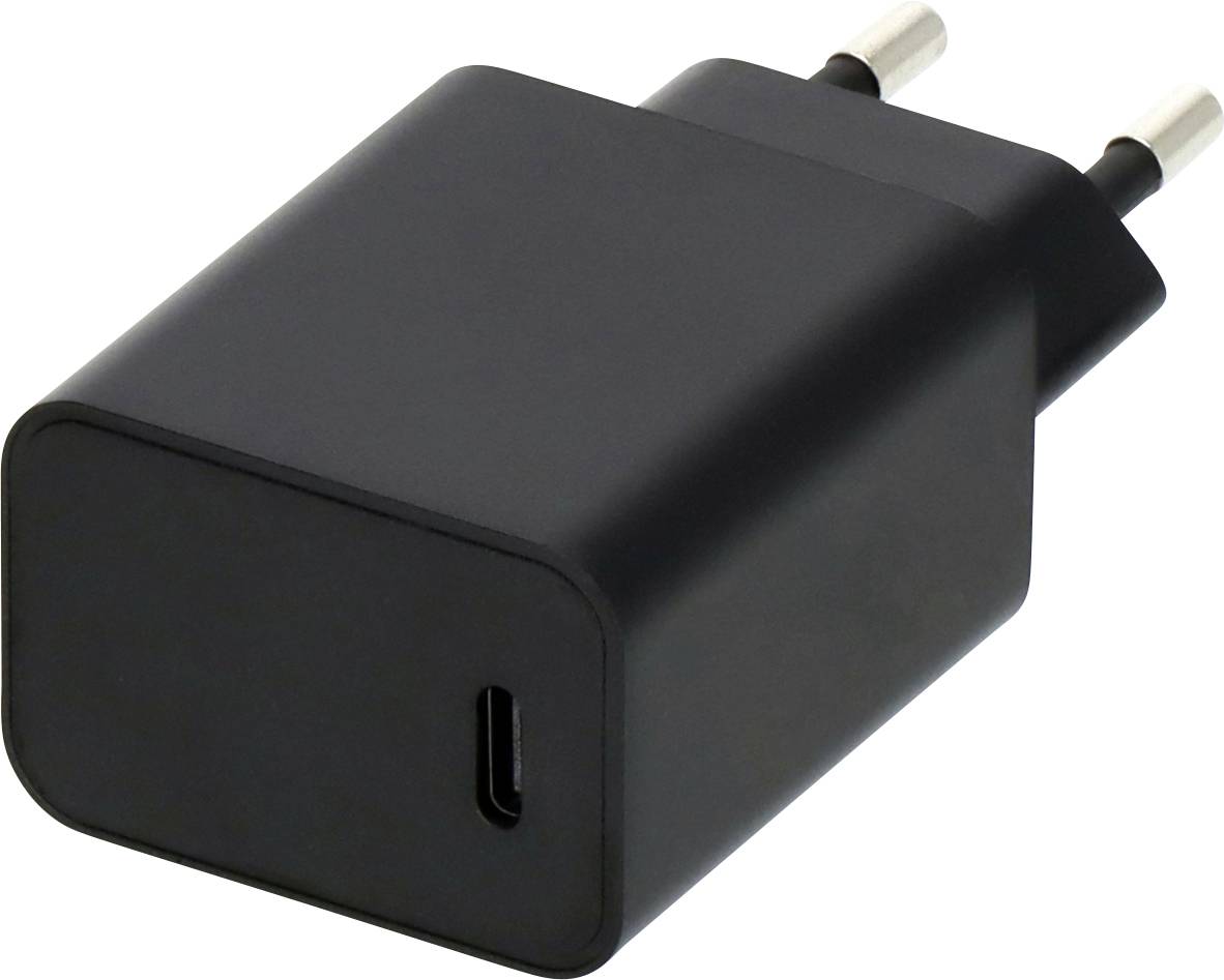 Fekete USB-C falali töltő két kerek európai csatlakozóáramkörrel fehér háttéren.