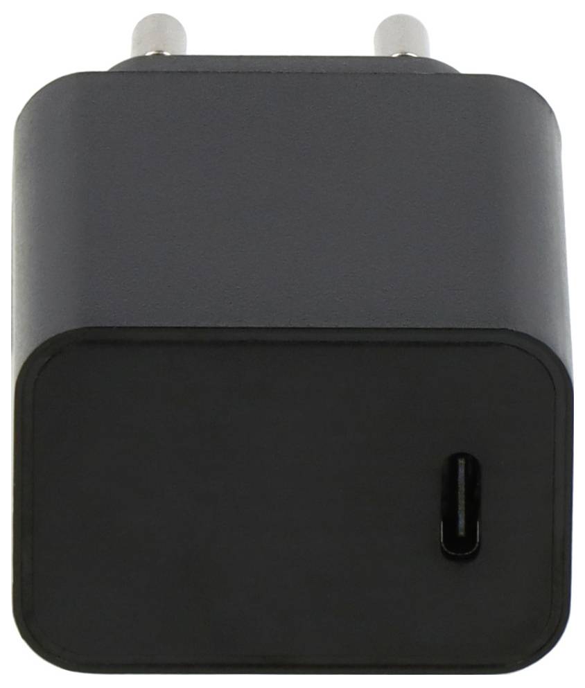Fekete falitöltő két kerek csatlakozó dugóval és USB-C porttal az elején.