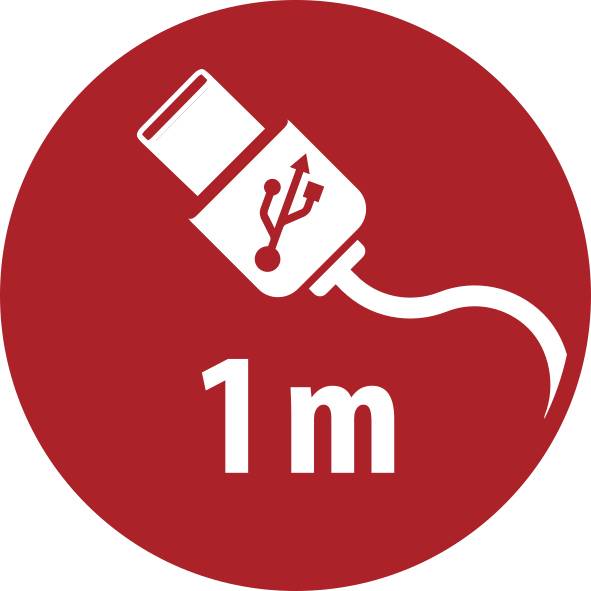 Piros körkörös jel, amely fehér USB-kábelt és az "1 m" feliratot mutat, amely egy egy méter hosszúságú kábel hosszát jelzi.