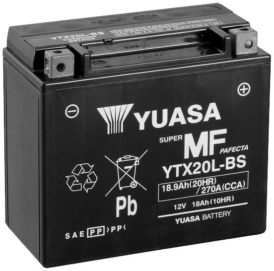 Egy fekete Yuasa motorkerékpár-akkumulátor, YTX20L-BS modell, a következő specifikációkkal: 12V, 18,9Ah, 270 CCA.