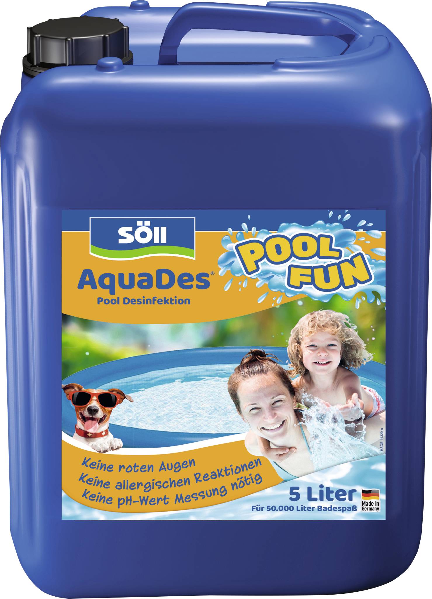 Kék doboz 'Söll AquaDes Medence Fertőtlenítő'. Képek egy gyermekről egy medencében és egy kutyáról. A címkén szerepel, hogy 50.000 liter fertőtlenítésére alkalmas.