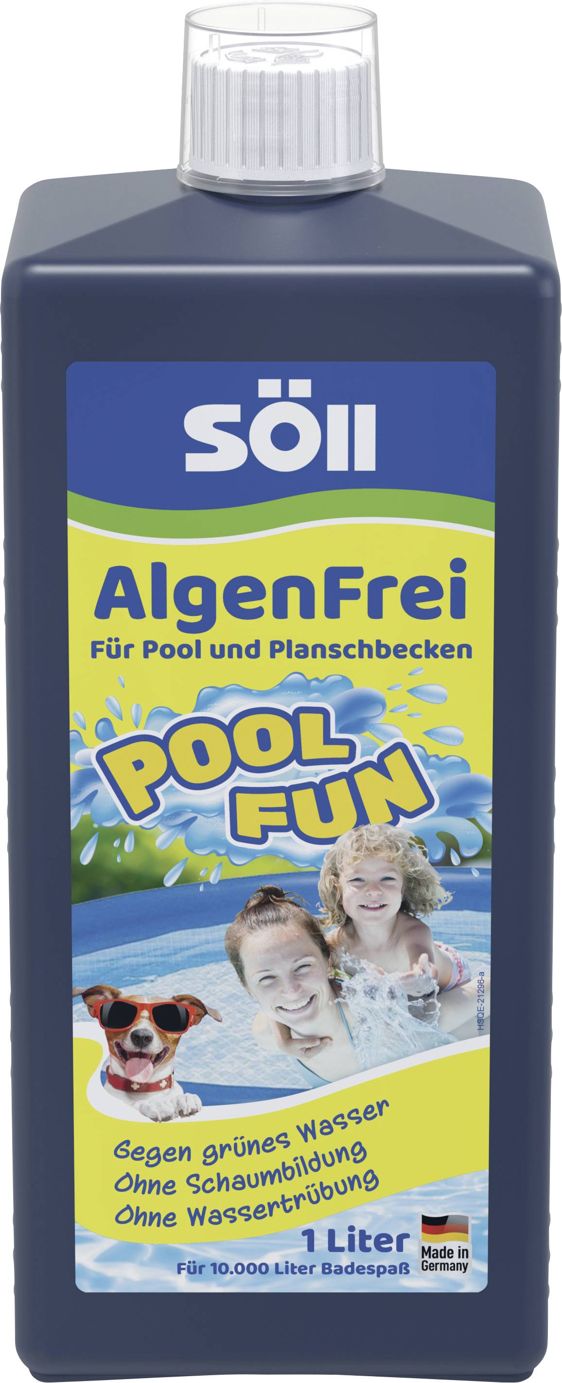 Egy kék flakon, amelyen a 'Söll AlgenFrei for Pool Fun' felirat szerepel, jelezve, hogy egy algátlanító szer medencékhez, amely hatékonyan küzd a zöldes víz ellen.