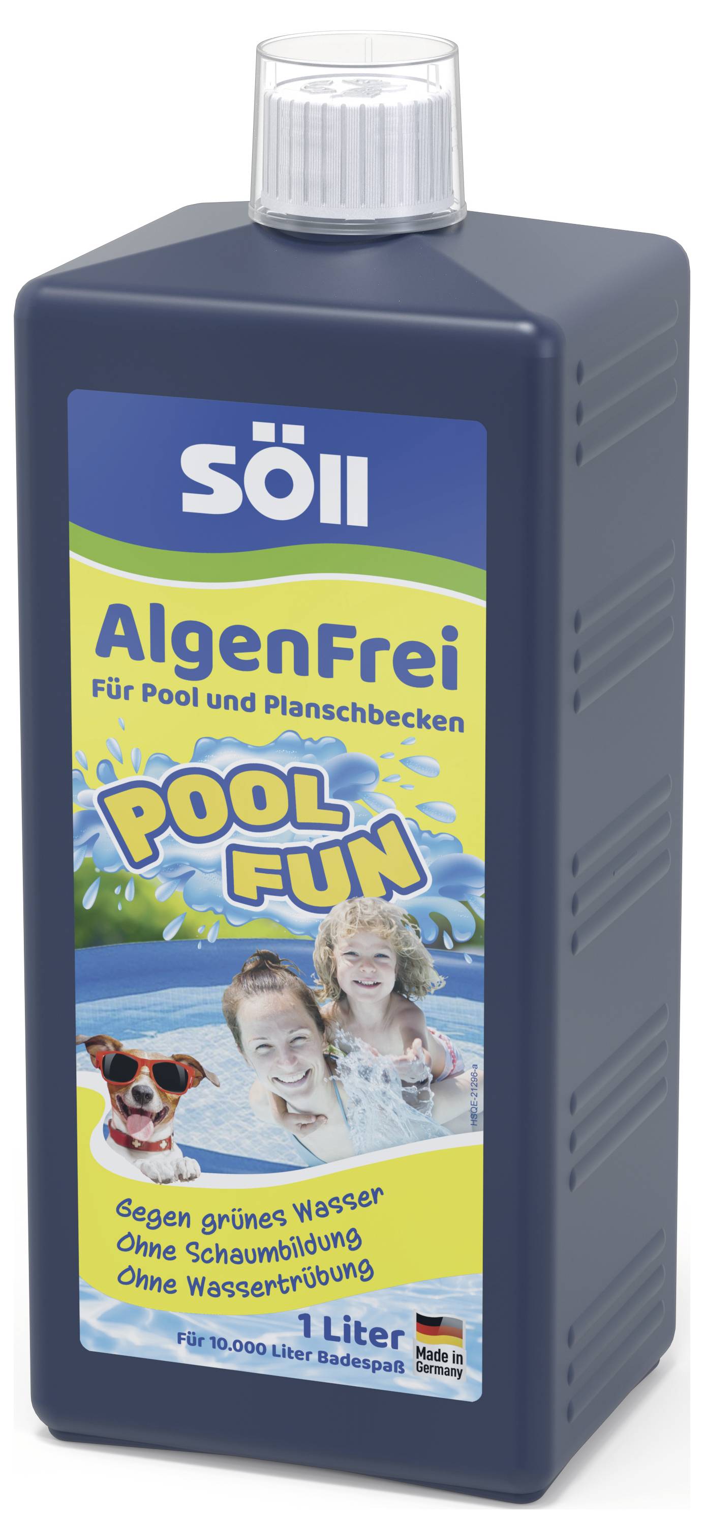 'AlgenFrei' algairtó szer medencékhez. A címke mosolygó embereket mutat fürdőzés közben. A szöveg kiemeli a tulajdonságokat: kristálytiszta víz, nem habzik, 10.000 liter kezelésére alkalmas.