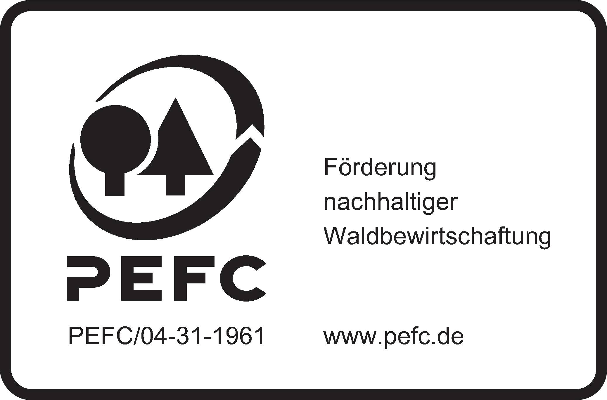 PEFC tanúsítási logó 'Fenntartható erdőgazdálkodás támogatása' szöveggel. Weboldal: www.pefc.de, Tanúsítási szám: PEFC/04-31-1961.