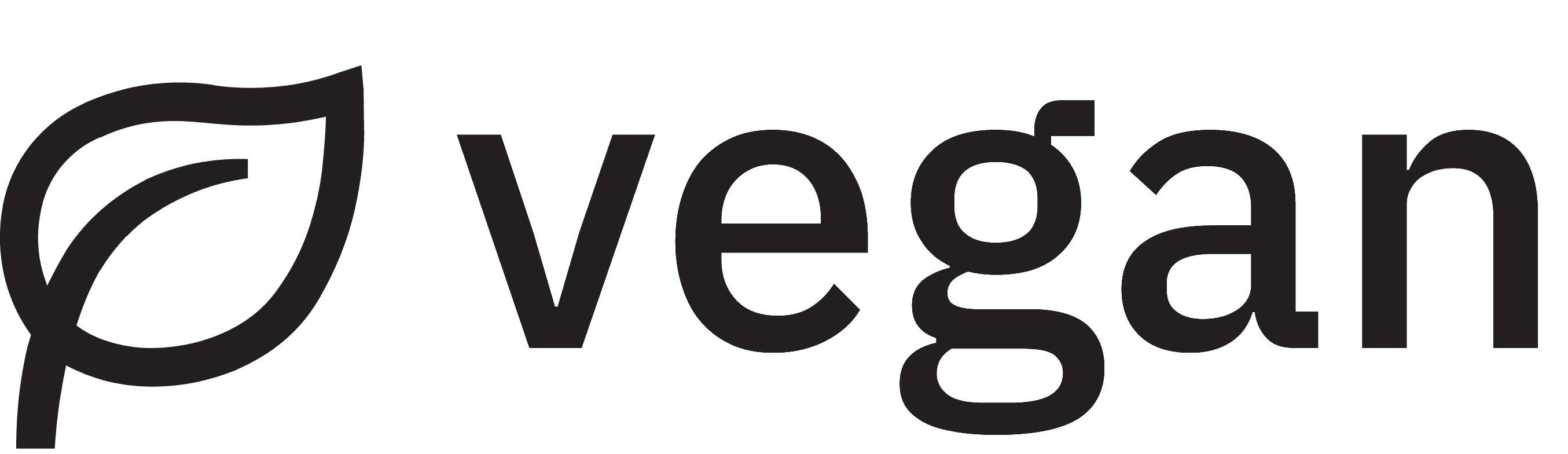 A kép egy stilizált levél mellett a 'vegan' szót mutatja. Ez vegán termékeket vagy szolgáltatásokat jelez.