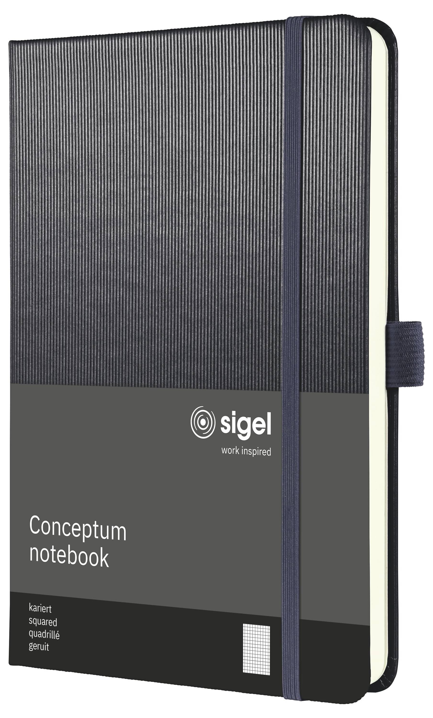 Zárt fekete Sigel 'Conceptum notebook' gumiszalaggal és lekerekített sarkokkal, az első borító előre néző.