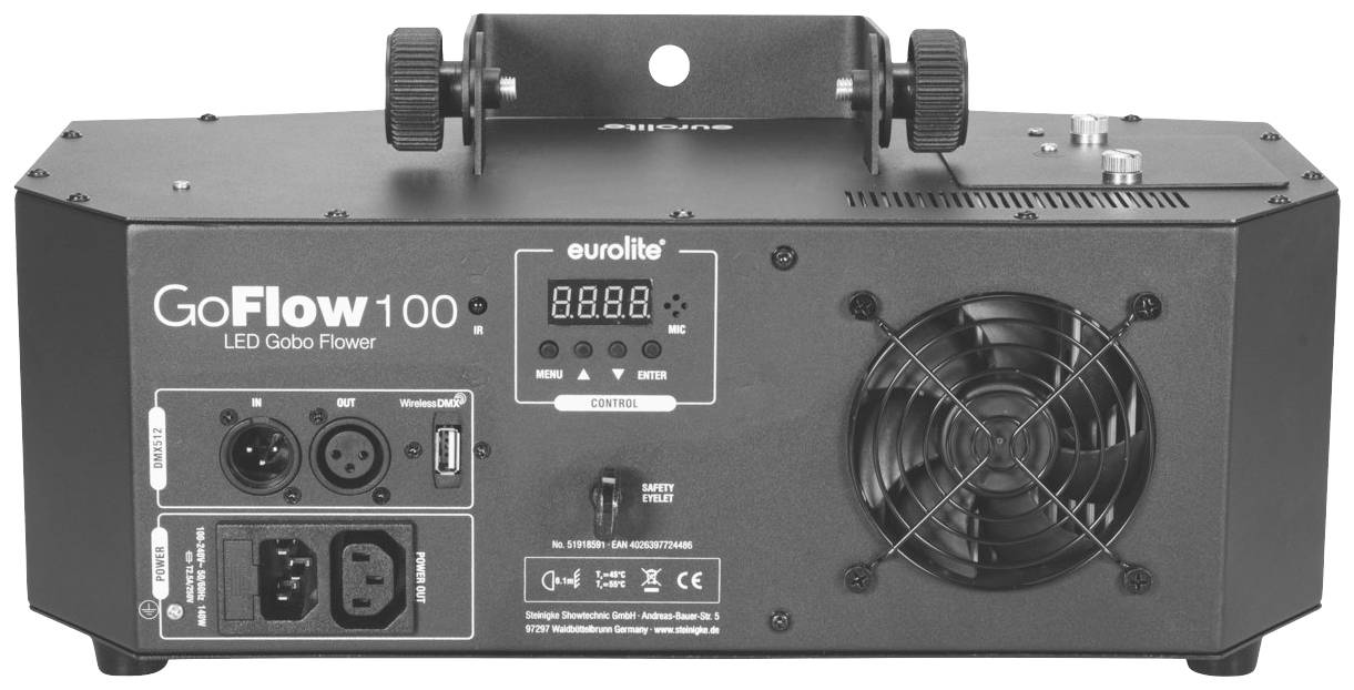 Egy fekete LED fényeffekt hátulnézete a 'Eurolite GoFlow 100' márkajelzéssel. Láthatóak a csatlakozók és a vezérlőelemek.