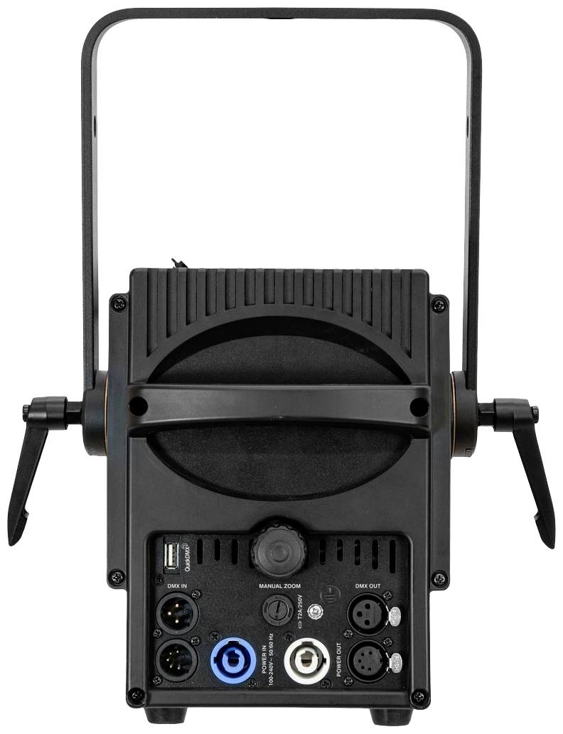 Egy fényszóró hátoldala csatlakozókkal: Power-In/Out, DMX-In/Out és USB-port. Három forgógomb a vezérléshez, fogantyú felül.