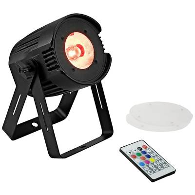 Fekete LED-reflektor piros fénnyel, távirányítóval, amelyen színválasztási lehetőség van, és átlátszó védőburkolattal kiegészítve.