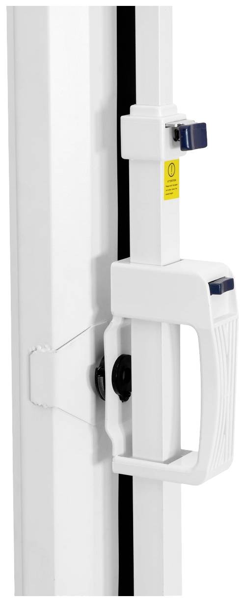 Fehér kilincs egy ajtókeretben biztonsági zárral és figyelmeztető címkével.