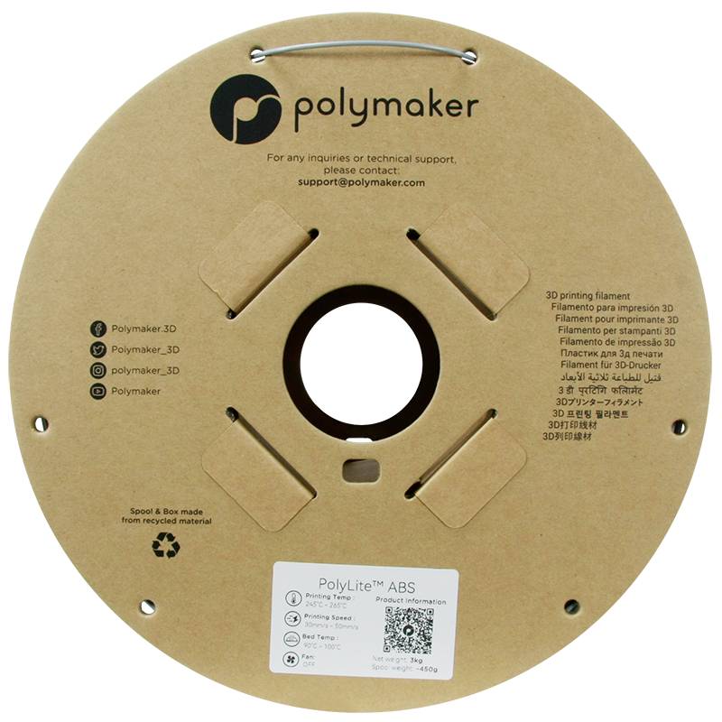 A Polymaker 'PolyLite ABS' filamenttekercse újrahasznosítható kartondobozban, céges logóval. Kapcsolattartási információk és QR-kód láthatók a termék részleteihez.