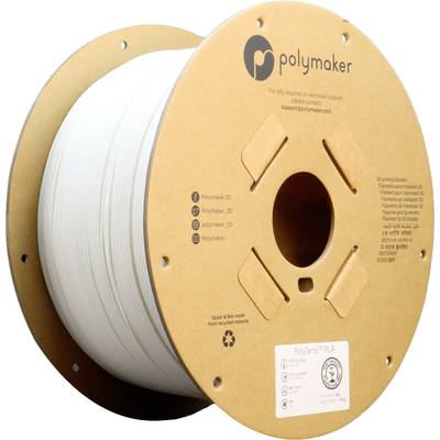 Egy Polymaker PolyTerra PLA filament tekercs, fehér színben, újrahasznosítható kartondobozban. Környezetbarát 3D nyomtatásra alkalmas.