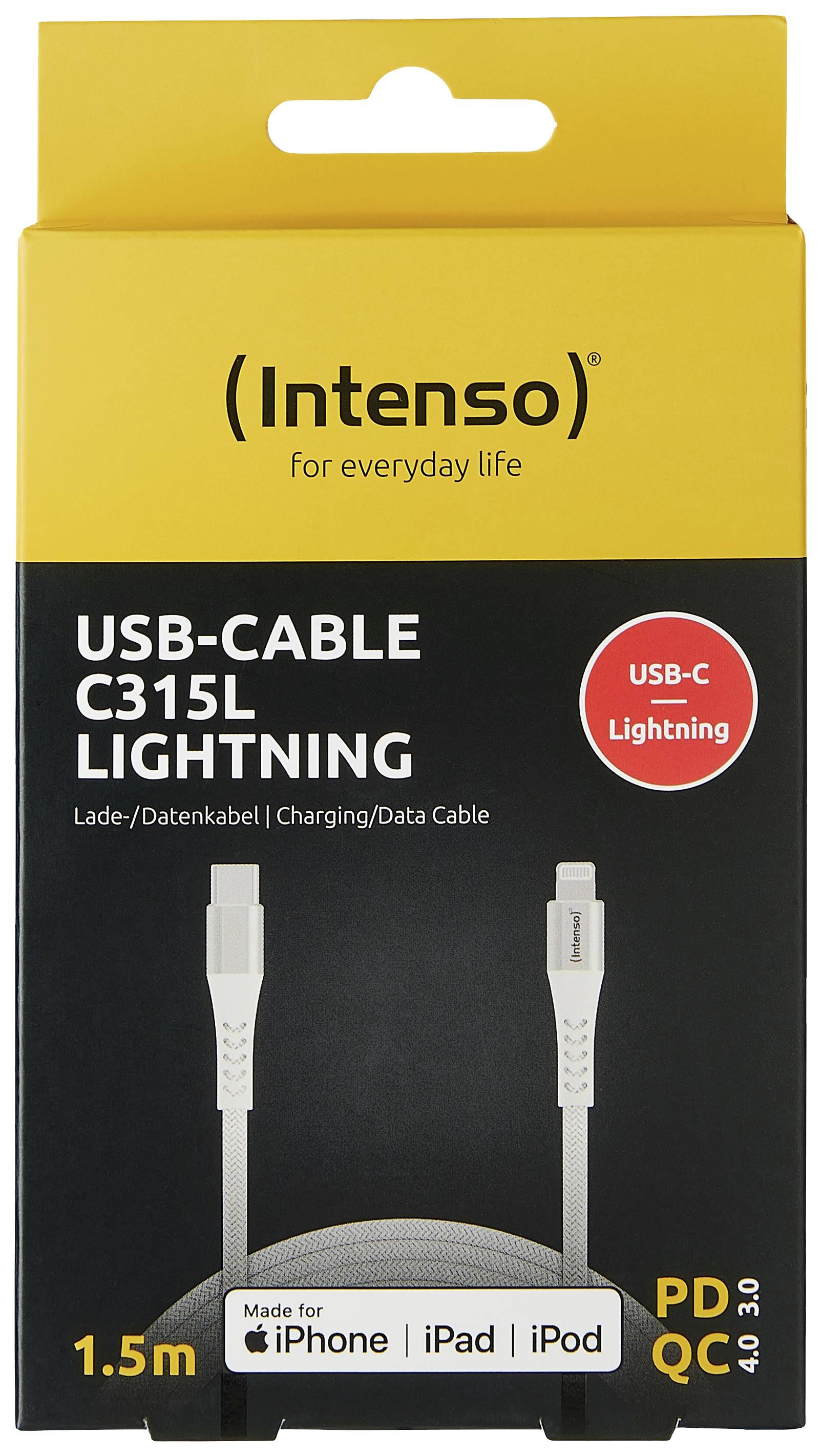 Az 'Intenso' USB-C-ről Lightning-re átalakító kábel csomagolása 1,5 m hosszú töltő- és adatkábelt mutat, amely kompatibilis iPhone, iPad és iPod készülékekkel.