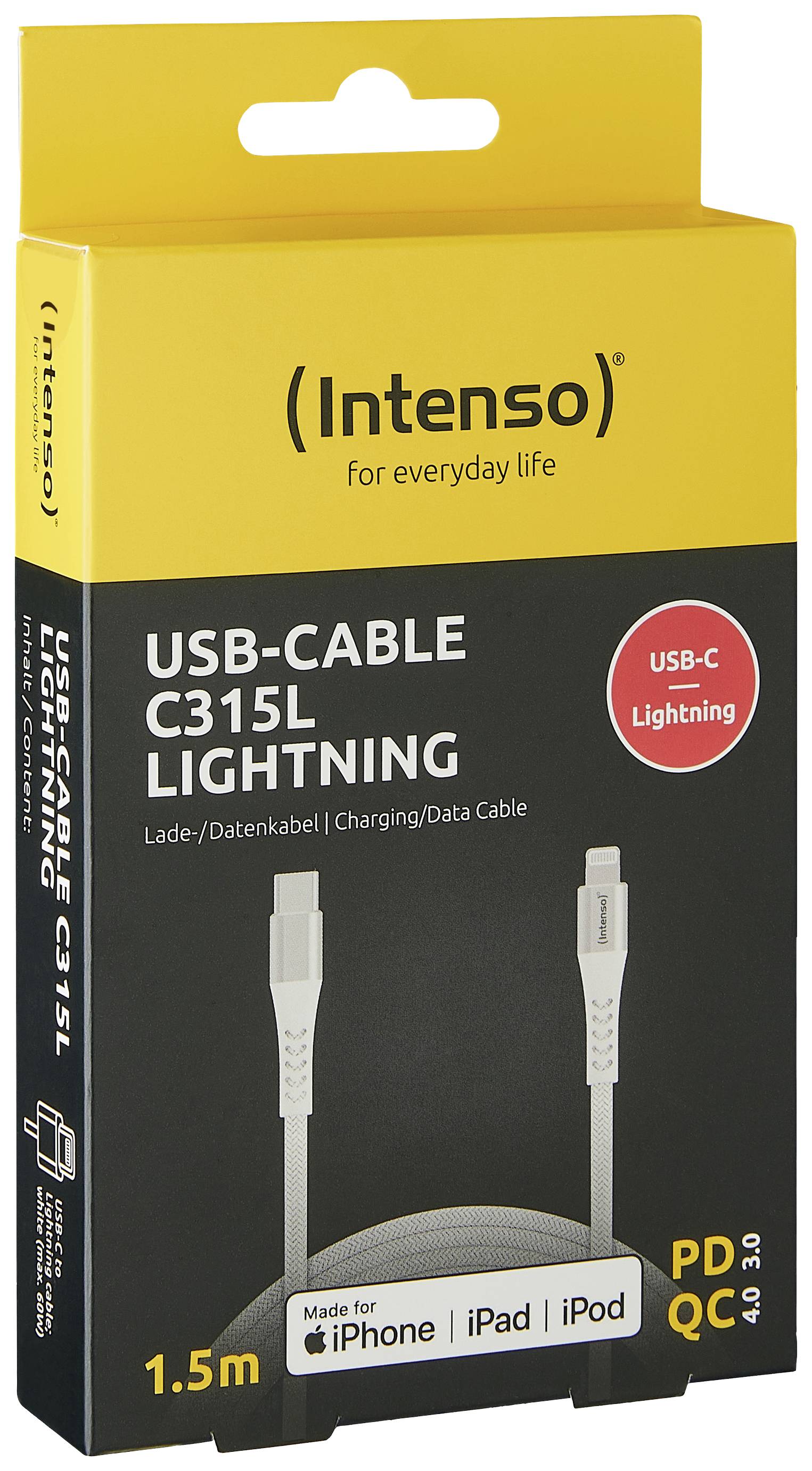 Egy Intenso USB-C-Lightning kábel csomagolása. Kompatibilis iPhone, iPad, iPod készülékekkel. Hosszúság: 1,5 m. Támogatja a PD QC 4.0 3.0 szabványokat.