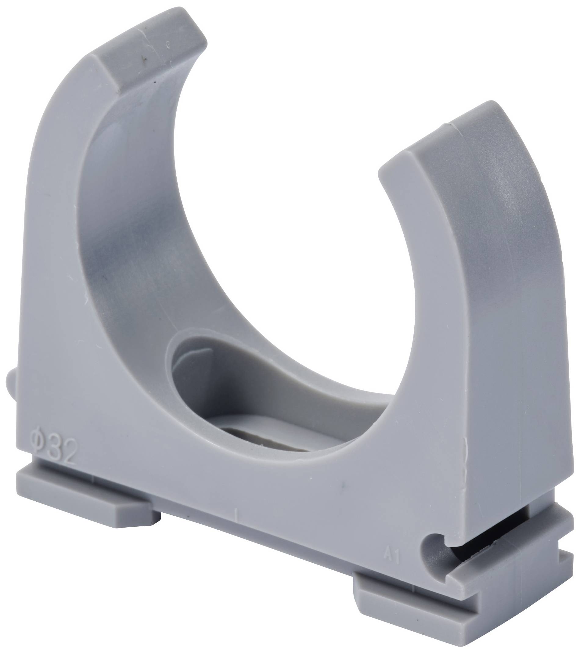 Szürke műanyag csőbilincs, alkalmas 32 mm átmérőjű csövekhez, csővezetékek rögzítésére és stabilizálására.