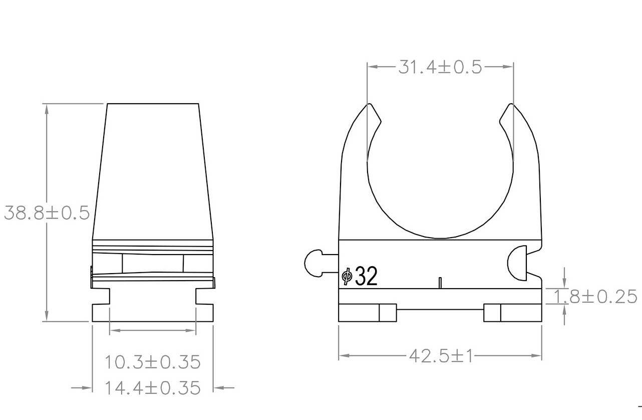 Műszaki rajz egy tartóról méretekkel: magasság 38,8 mm, szélesség 31,4 mm, hosszúság 42,5 mm; mérettűrések feltüntetve.
