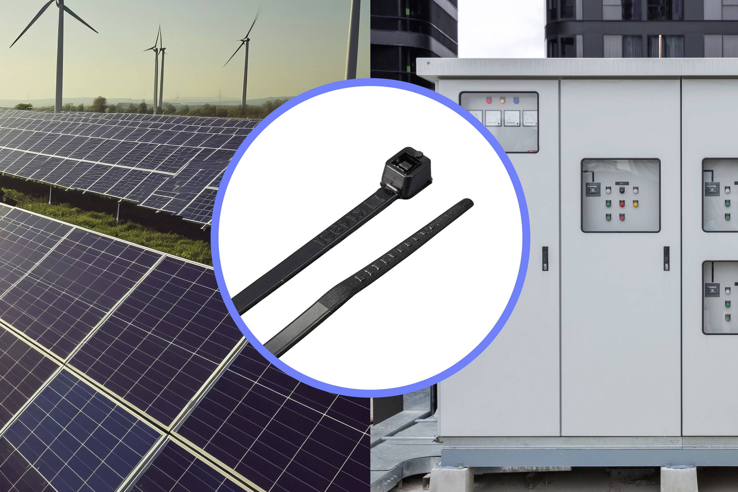 Baloldalt napelemek és szélturbinák, jobboldalt elektromos kapcsolótáblák. A középpontban egy kép kábelkötegelőkről.
