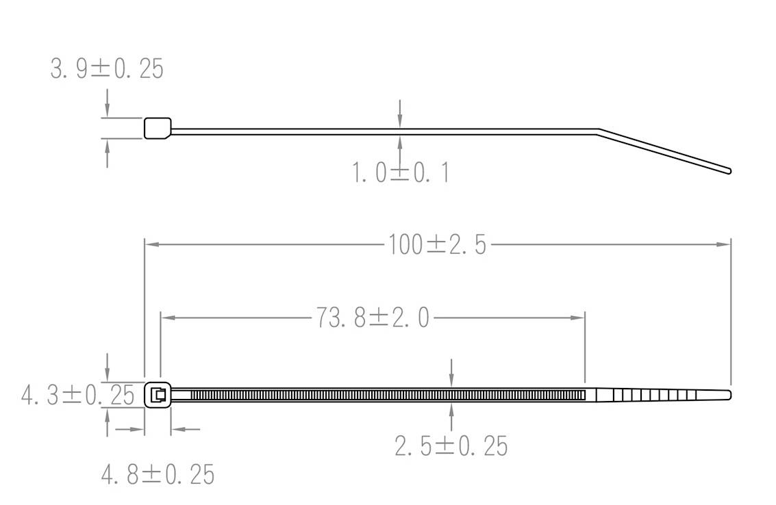Műszaki rajz egy kábelkötegelőről méretekkel milliméterben. Fő jellemzők: hosszúság 100 ± 2,5 mm, szélesség 2,5 ± 0,25 mm.