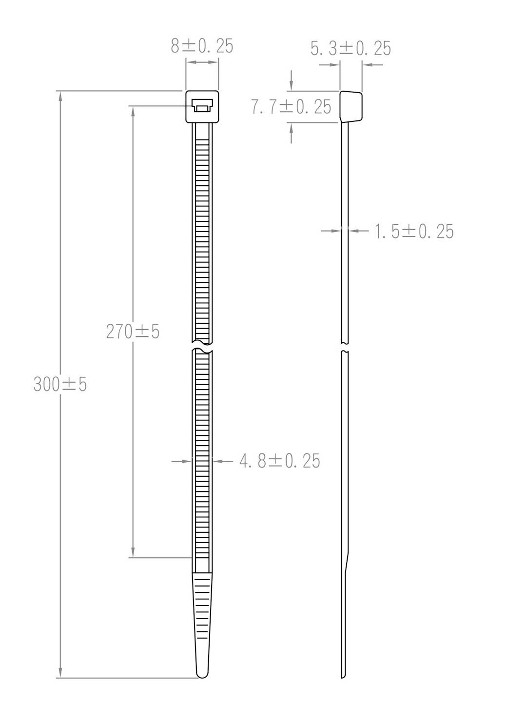Műszaki rajz egy kábelkötegelőről méretekkel: hosszúság 300 mm, szélesség 4,8 mm, fejrész szélessége 8 mm. Oldal- és felülnézet ábrázolva.