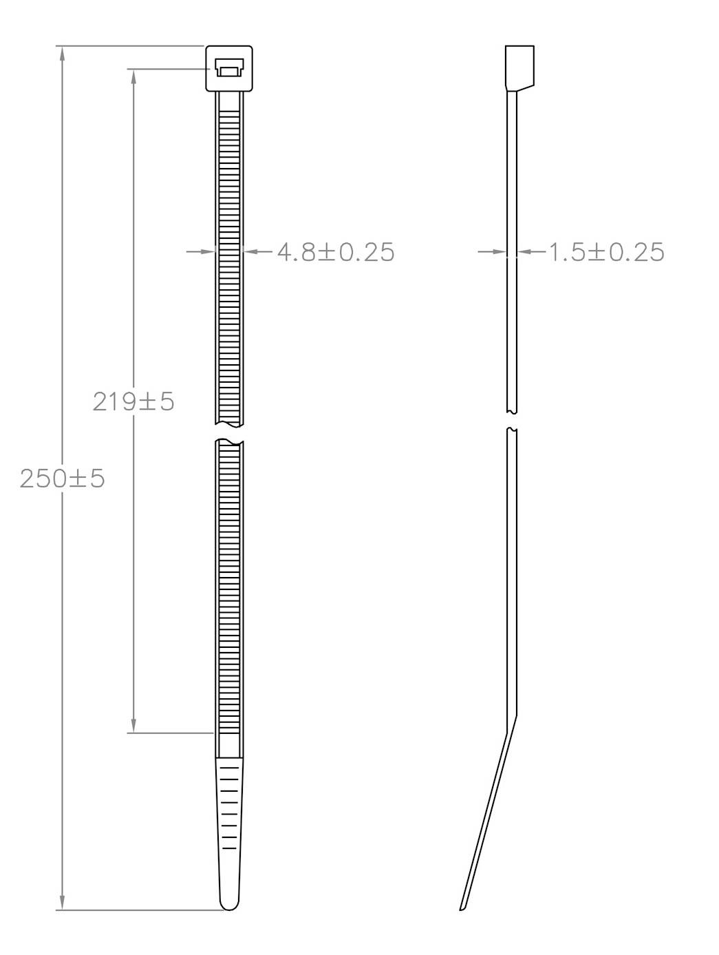 Kábelkötegelő diagram: 250 mm hosszúság, 4,8 mm szélesség. Elölnézet mutatja a rögzítő véget, oldalnézet az 1,5 mm vastagságot.