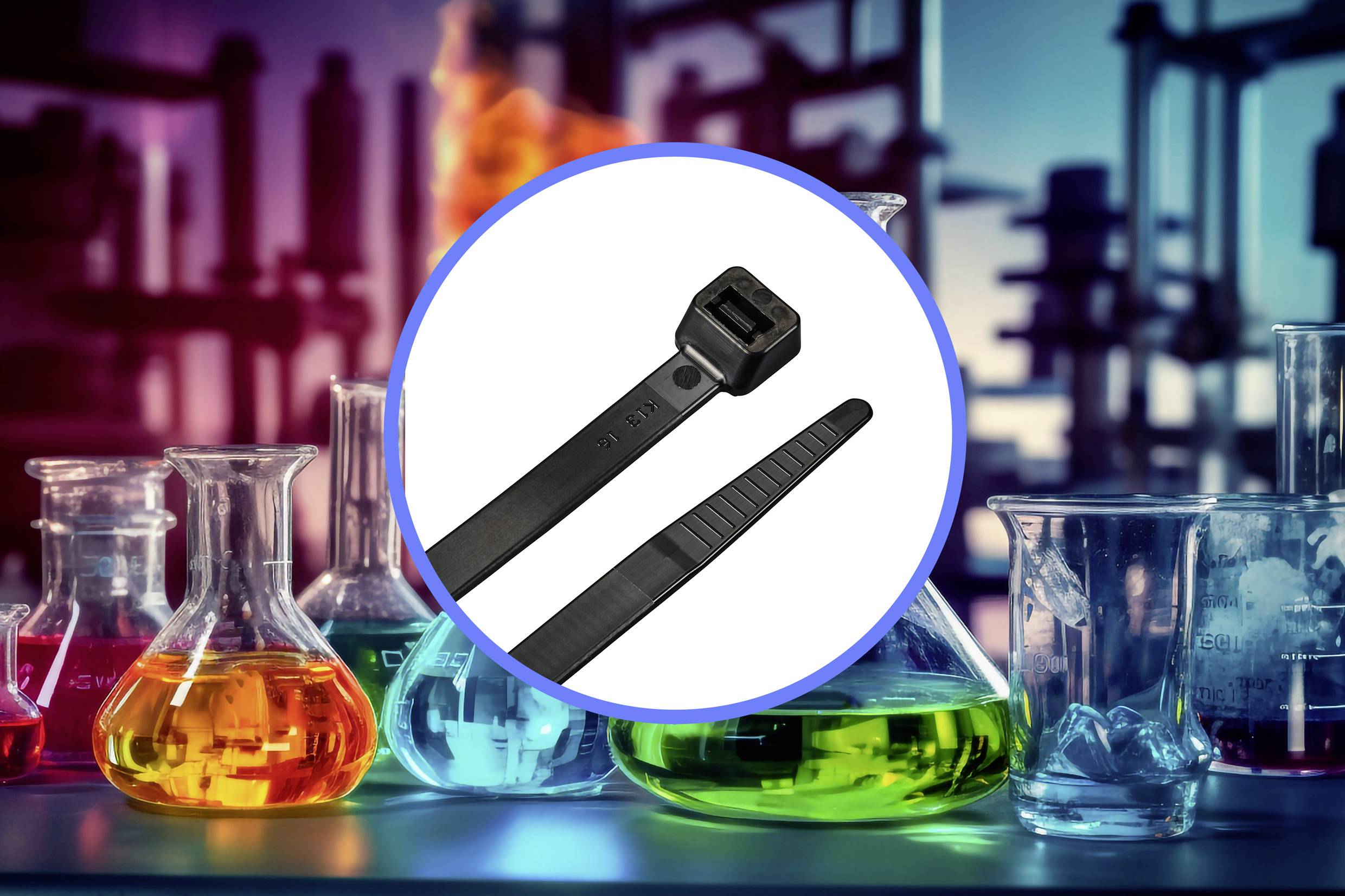Vegyészeti laboratórium színes folyadékokkal üvegedényekben. Az előtérben részletesen láthatók a kábelkötegelők. A téma a kémia és a technika összekapcsolódása lehet.
