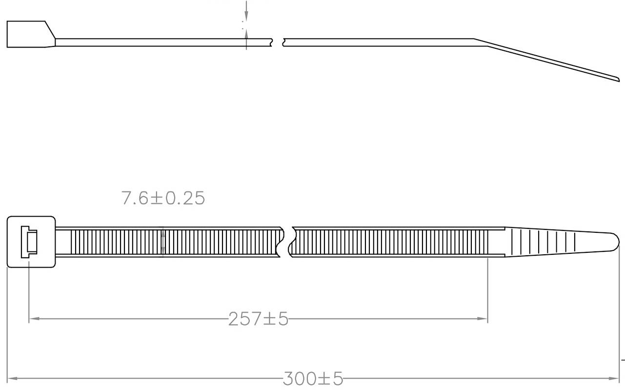 Műszaki rajz egy kábelkötegelőről méretekkel. Teljes hosszúság: 300 mm, szélesség: 7,6 mm. Profil- és felülnézetet mutat.