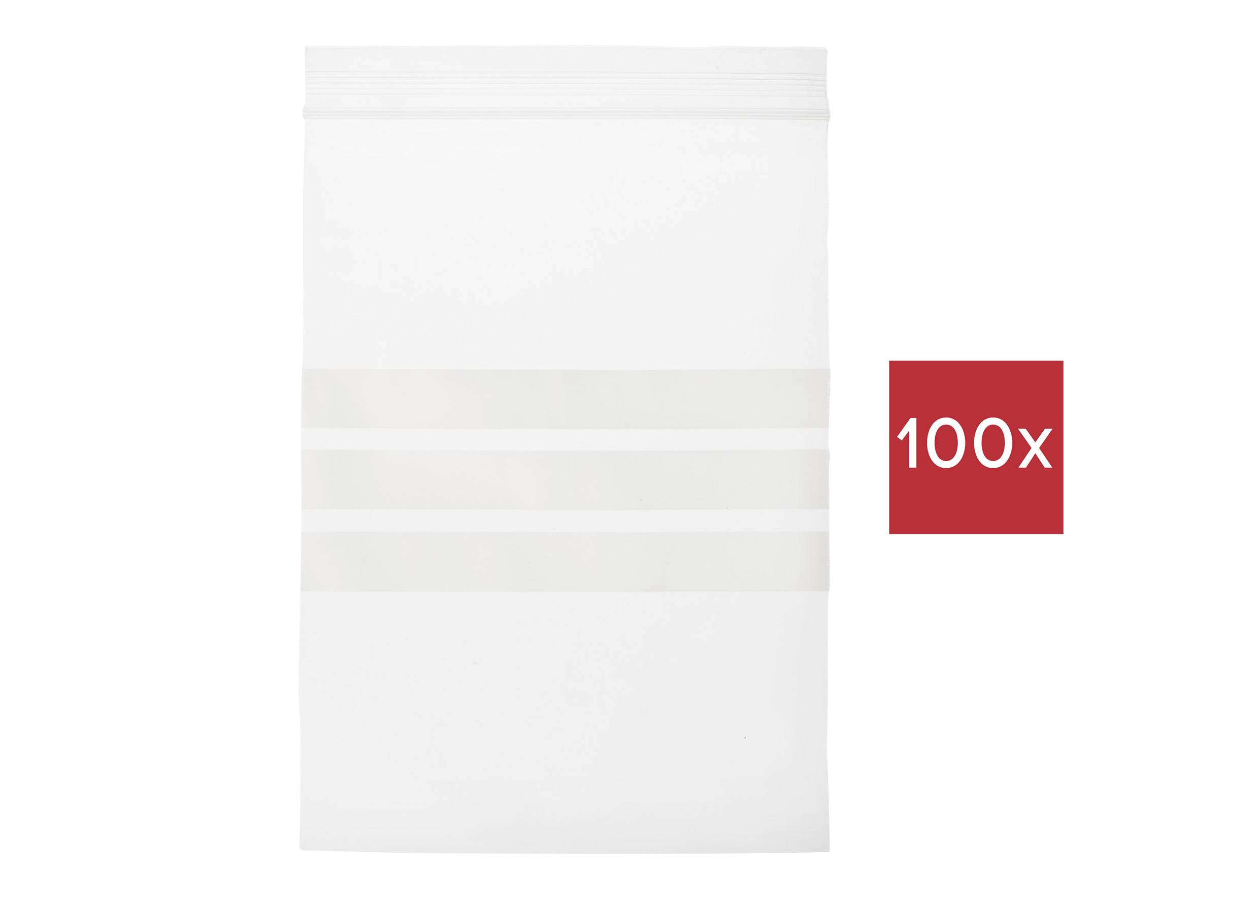 Egy fehér műanyag zacskó három vízszintes csíkkal; mellette egy piros négyzet, rajta a '100x' felirattal.